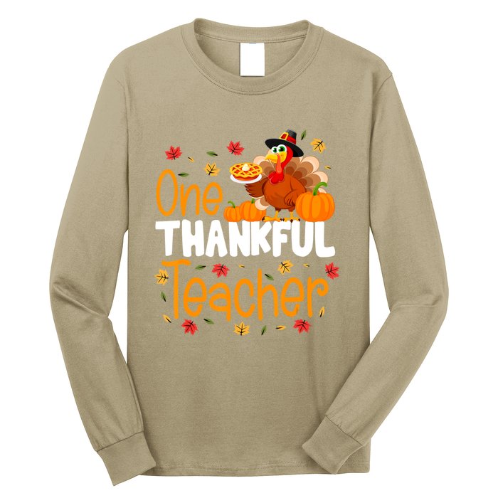 Funny Cute One Thankful Teacher Thanksgiving Turkey Teacher Long Sleeve Shirt