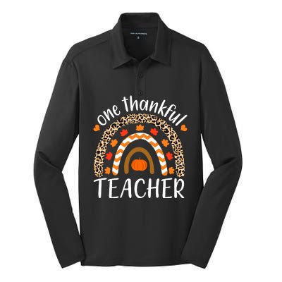 Funny Cute One Thankful Teacher, Autumn Fall Leopard Design Silk Touch Performance Long Sleeve Polo