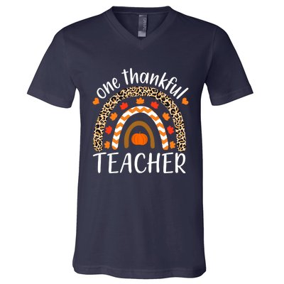 Funny Cute One Thankful Teacher, Autumn Fall Leopard Design V-Neck T-Shirt