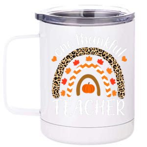 Funny Cute One Thankful Teacher, Autumn Fall Leopard Design 12 oz Stainless Steel Tumbler Cup