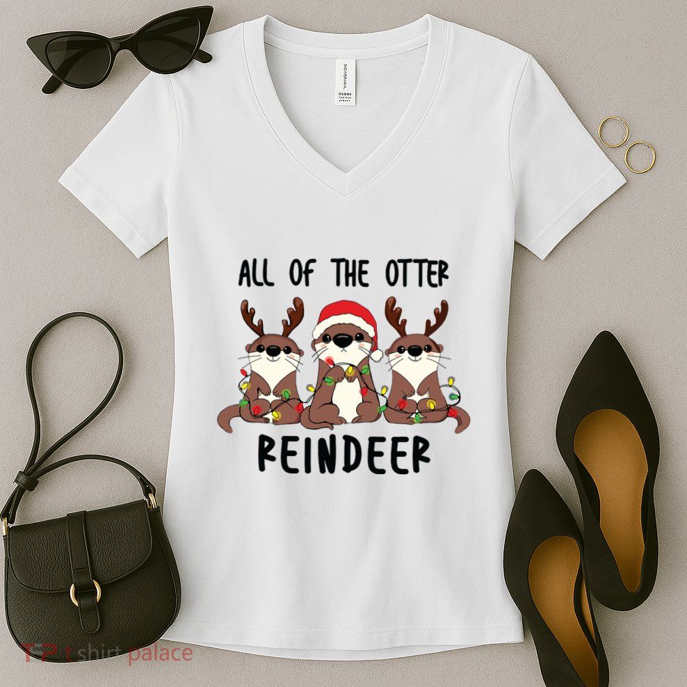 Funny Christmas Otters Cute All Of The Otter Reindeer Women's V-Neck T-Shirt
