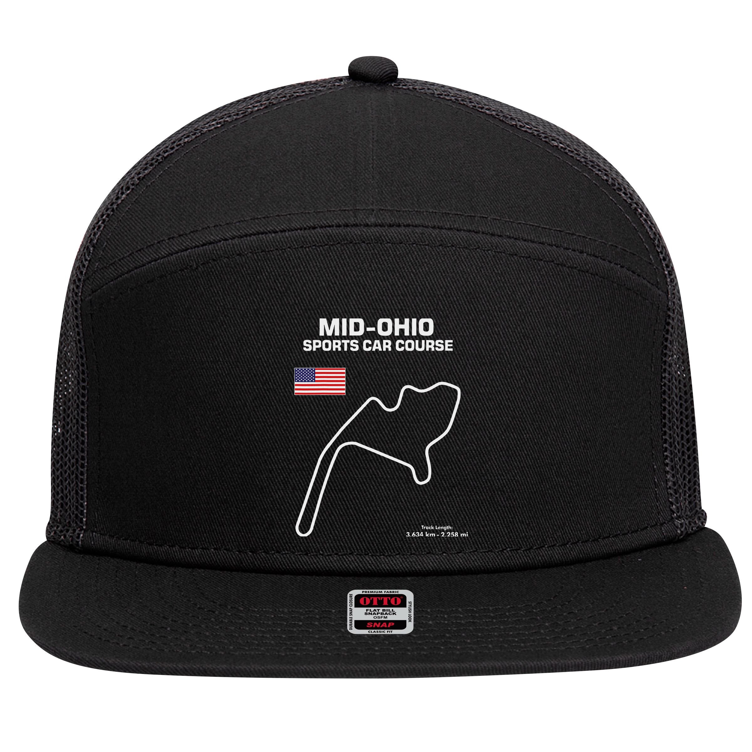 Famous Circuit Outline Mid Ohio Track Race Fan Car Racing 7 Panel Mesh Trucker Snapback Hat