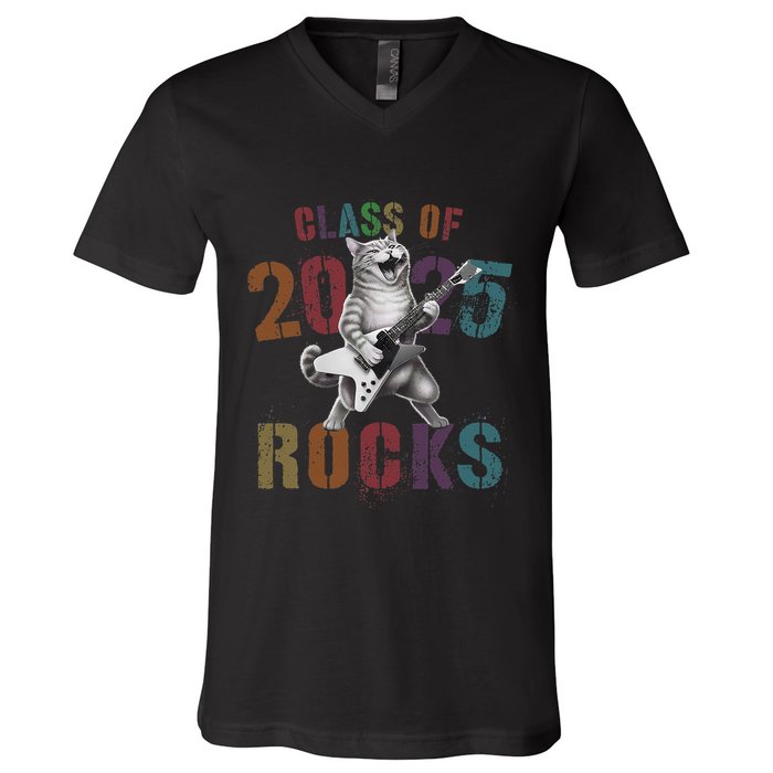 Funny Class Of 2025 Rocks Graduated Signature Autographs Cat .Png V-Neck T-Shirt