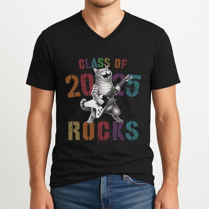 Funny Class Of 2025 Rocks Graduated Signature Autographs Cat .Png V-Neck T-Shirt