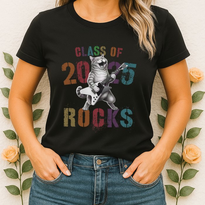 Funny Class Of 2025 Rocks Graduated Signature Autographs Cat .Png Womens T-Shirt