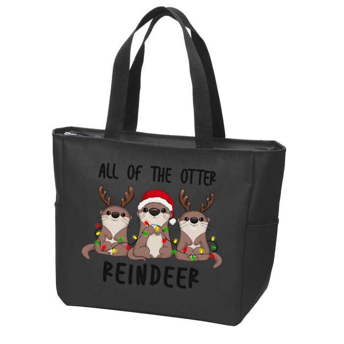 Funny Christmas Otters Cute All Of The Otter Reindeer Zip Tote Bag