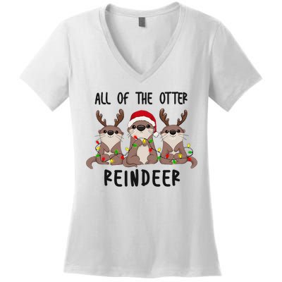 Funny Christmas Otters Cute All Of The Otter Reindeer Women's V-Neck T-Shirt