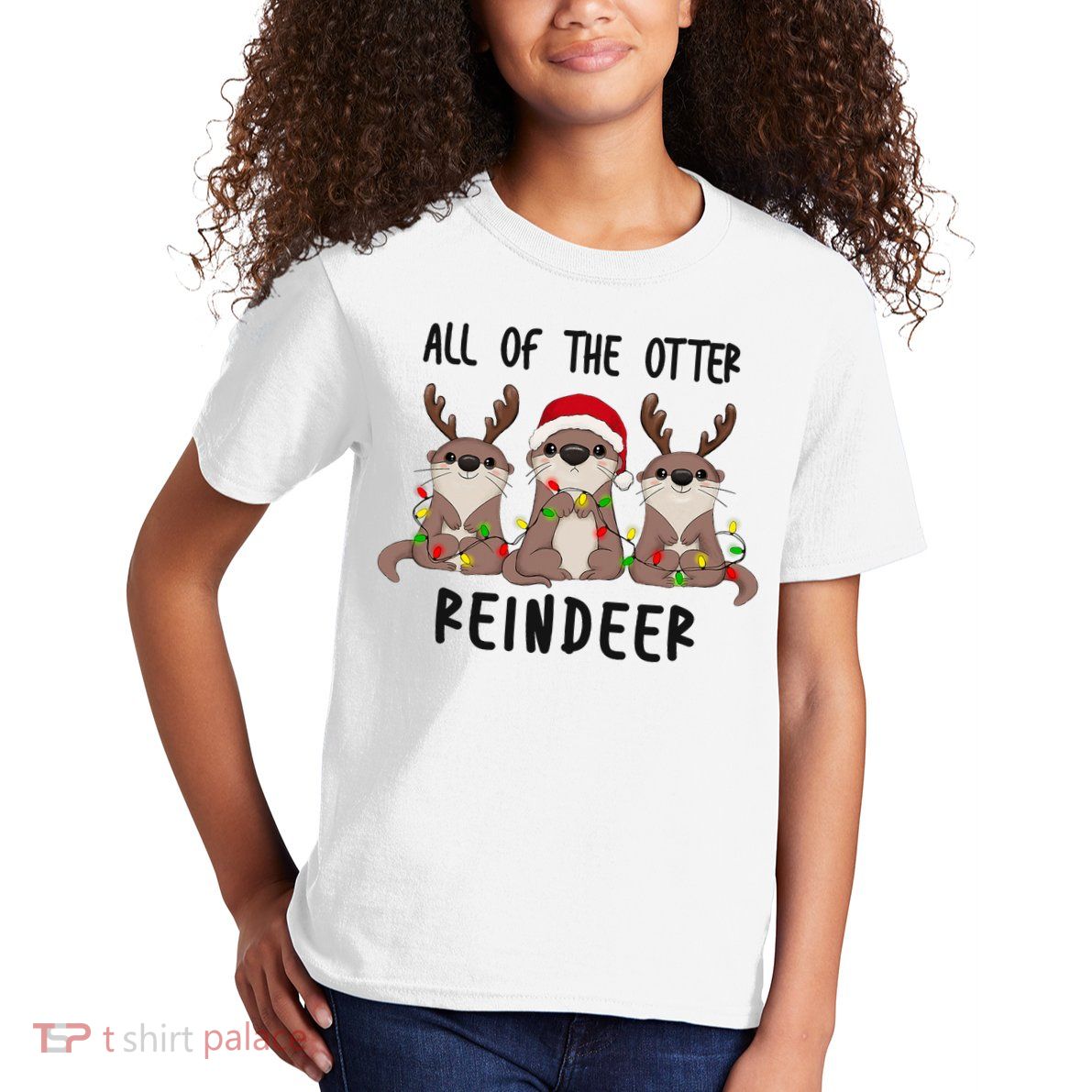 Funny Christmas Otters Cute All Of The Otter Reindeer Kids T-Shirt