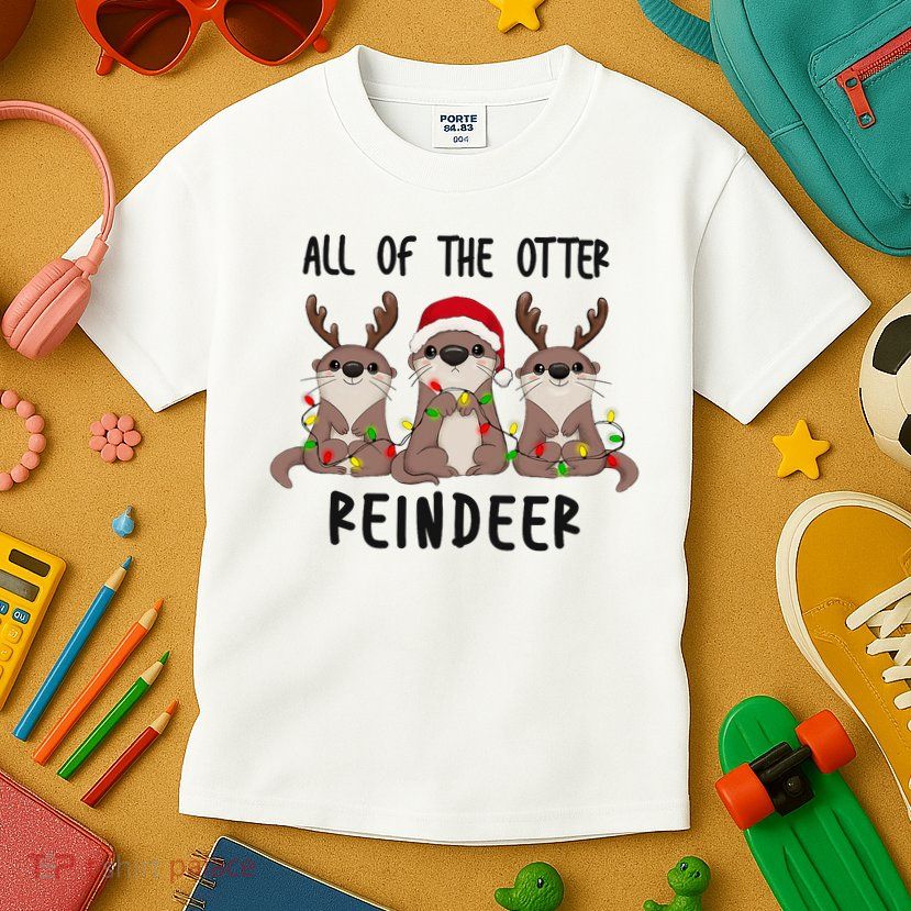 Funny Christmas Otters Cute All Of The Otter Reindeer Kids T-Shirt