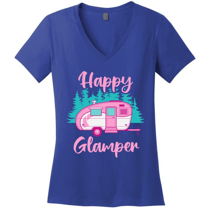 Funny Camping Outdoor Rv Camper Happy Glamper Great Gift Women's V-Neck T-Shirt