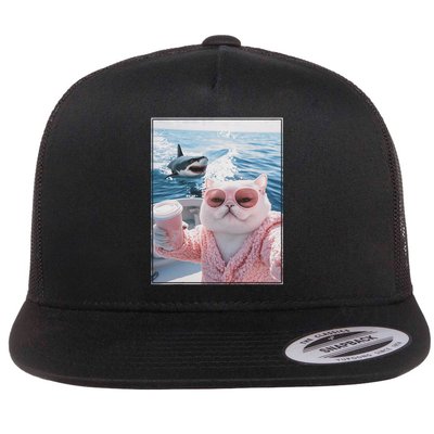 Fat Cat on a Yacht Boat with Shark Cool Funny Cat Meme Flat Bill Trucker Hat