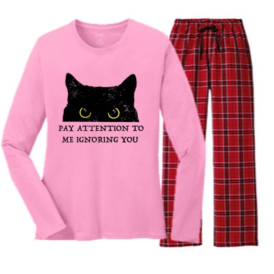 Funny Cat Pay Attention To Me Ignoring You Sarcastic Cat Mom Women's Long Sleeve Flannel Pajama Set 