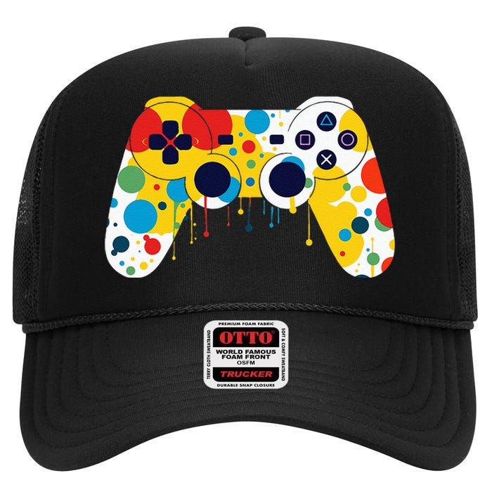 Funny Colourful Polka Dot International Dot Day Video Game High Crown Mesh Back Trucker Hat