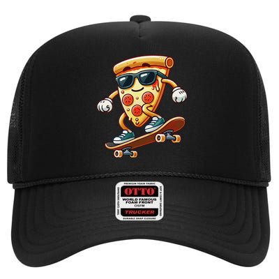 Funny Cheesy Pizza Sunglass Slice Skateboard High Crown Mesh Back Trucker Hat