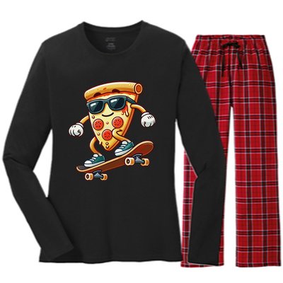 Funny Cheesy Pizza Sunglass Slice Skateboard Women's Long Sleeve Flannel Pajama Set 