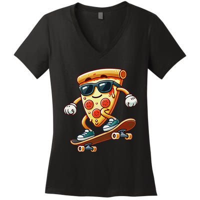 Funny Cheesy Pizza Sunglass Slice Skateboard Women's V-Neck T-Shirt