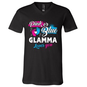 Funny Cute Pink Or Blue Glamma Loves You Gender Reveal V-Neck T-Shirt