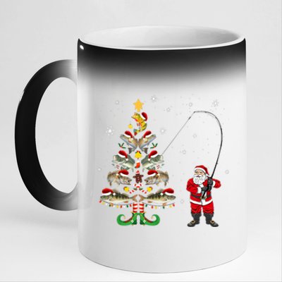 Fishermans Christmas Pajama Gift Tree Lights Merry Fishmas 11oz Black Color Changing Mug