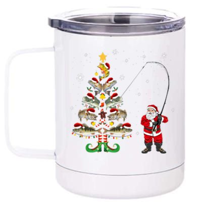 Fishermans Christmas Pajama Gift Tree Lights Merry Fishmas 12 oz Stainless Steel Tumbler Cup