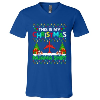 Flying Christmas Pajama Gift Airplane Pilot Xmas Holiday Gift V-Neck T-Shirt