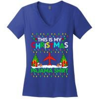 Flying Christmas Pajama Gift Airplane Pilot Xmas Holiday Gift Women's V-Neck T-Shirt