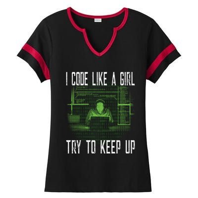 Female Computer Programmer I Code Like A Girl Coding Gift Ladies Halftime Notch Neck Tee