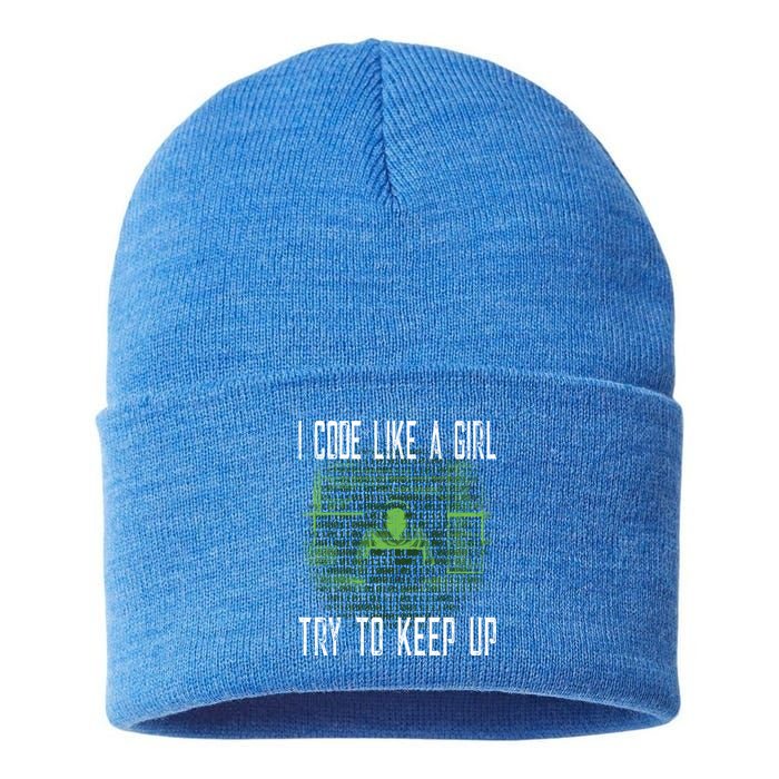 Female Computer Programmer I Code Like A Girl Coding Gift Sustainable Knit Beanie