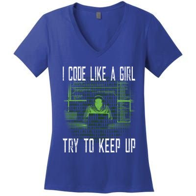 Female Computer Programmer I Code Like A Girl Coding Gift Women's V-Neck T-Shirt