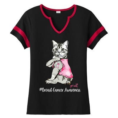 Funny Cat Pink Ribbon In October We Wear Pink Breast Cancer Ladies Halftime Notch Neck Tee