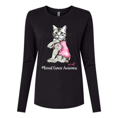 Funny Cat Pink Ribbon In October We Wear Pink Breast Cancer Womens Cotton Relaxed Long Sleeve T-Shirt