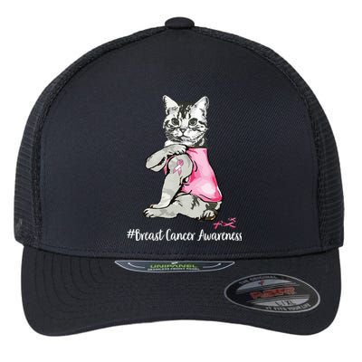 Funny Cat Pink Ribbon In October We Wear Pink Breast Cancer Flexfit Unipanel Trucker Cap