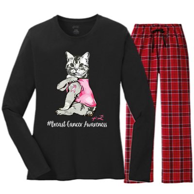 Funny Cat Pink Ribbon In October We Wear Pink Breast Cancer Women's Long Sleeve Flannel Pajama Set 