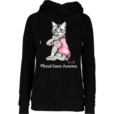 Funny Cat Pink Ribbon In October We Wear Pink Breast Cancer Womens Funnel Neck Pullover Hood