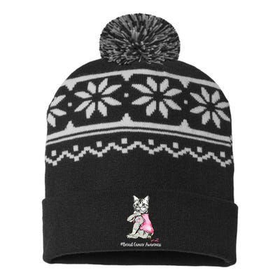 Funny Cat Pink Ribbon In October We Wear Pink Breast Cancer USA-Made Snowflake Beanie