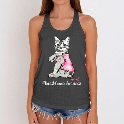 Funny Cat Pink Ribbon In October We Wear Pink Breast Cancer Women's Knotted Racerback Tank