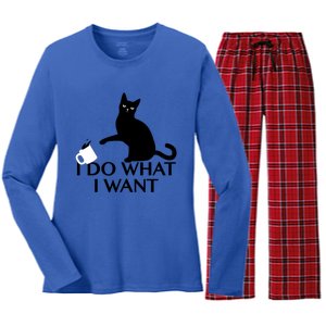 Funny Cat Personality Gift I Do What I Want Cute Gift Women's Long Sleeve Flannel Pajama Set 