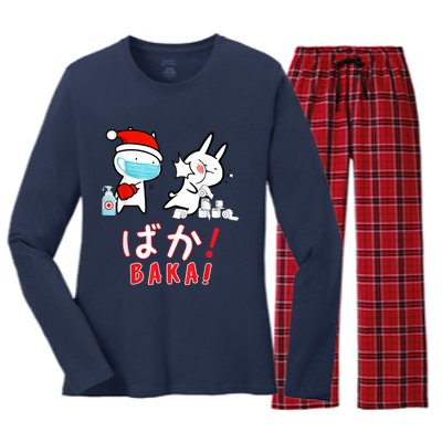 Funny Christmas Pajama, Anime Baka Idiot, Mask Toilet Paper Women's Long Sleeve Flannel Pajama Set 