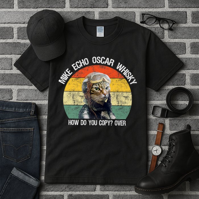 Funny Cat Pilot Mike Echo Oscar Whisky How Do You Copy Meow Tall T-Shirt