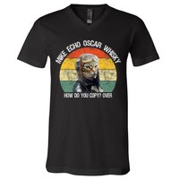 Funny Cat Pilot Mike Echo Oscar Whisky How Do You Copy Meow V-Neck T-Shirt