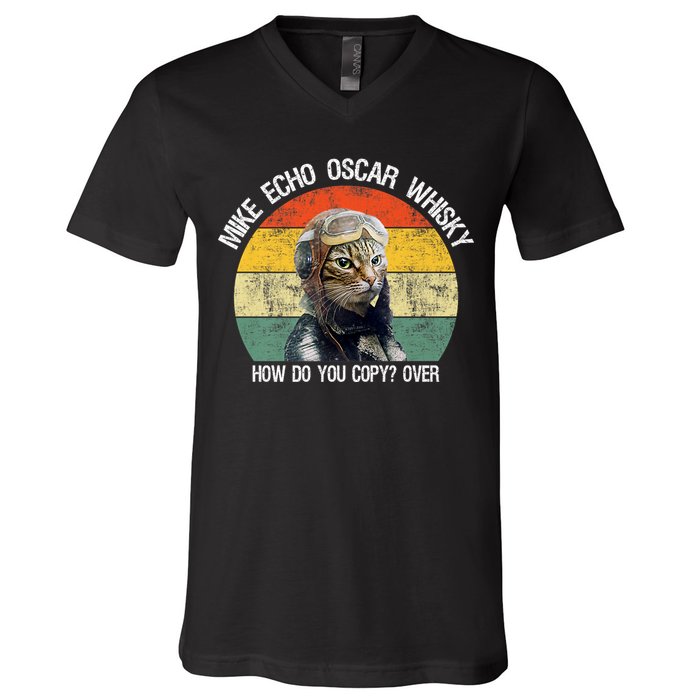 Funny Cat Pilot Mike Echo Oscar Whisky How Do You Copy Meow V-Neck T-Shirt