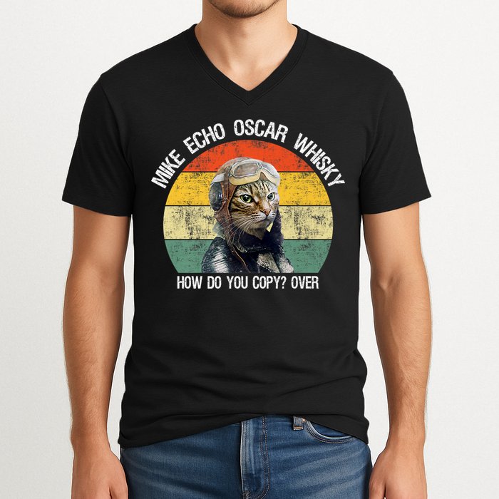 Funny Cat Pilot Mike Echo Oscar Whisky How Do You Copy Meow V-Neck T-Shirt