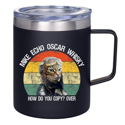 Funny Cat Pilot Mike Echo Oscar Whisky How Do You Copy Meow 12oz Stainless Steel Coffee Mug