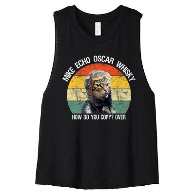 Funny Cat Pilot Mike Echo Oscar Whisky How Do You Copy Meow Women's Racerback Cropped Tank