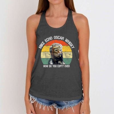 Funny Cat Pilot Mike Echo Oscar Whisky How Do You Copy Meow Women's Knotted Racerback Tank