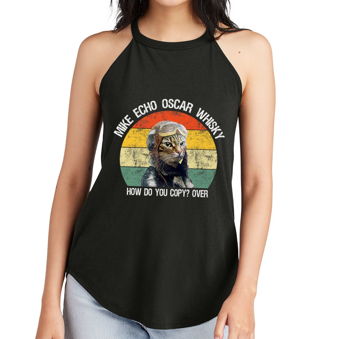 Funny Cat Pilot Mike Echo Oscar Whisky How Do You Copy Meow Women's Perfect Tri Rocker Tank