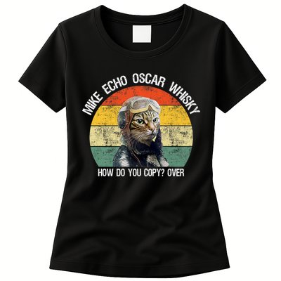 Funny Cat Pilot Mike Echo Oscar Whisky How Do You Copy Meow Womens T-Shirt