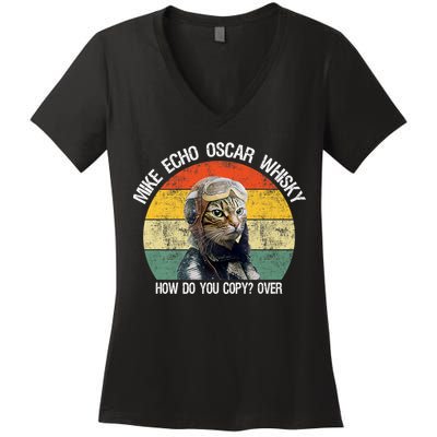 Funny Cat Pilot Mike Echo Oscar Whisky How Do You Copy Meow Women's V-Neck T-Shirt