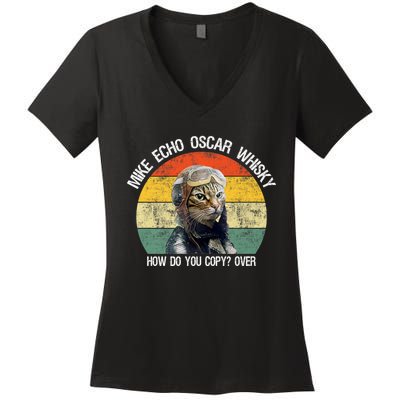 Funny Cat Pilot Mike Echo Oscar Whisky How Do You Copy Meow Women's V-Neck T-Shirt