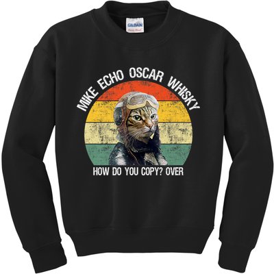 Funny Cat Pilot Mike Echo Oscar Whisky How Do You Copy Meow Kids Sweatshirt