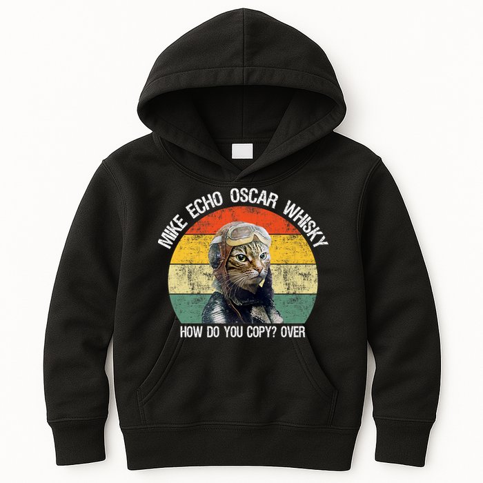 Funny Cat Pilot Mike Echo Oscar Whisky How Do You Copy Meow Kids Hoodie